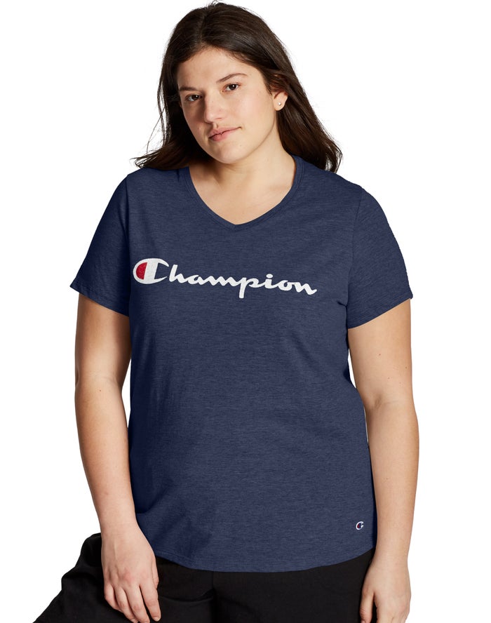 Champion T-Shirt Dames - Donkerblauw - Plus Jersey V-Neck Script Logo ( 108362-ZKH )